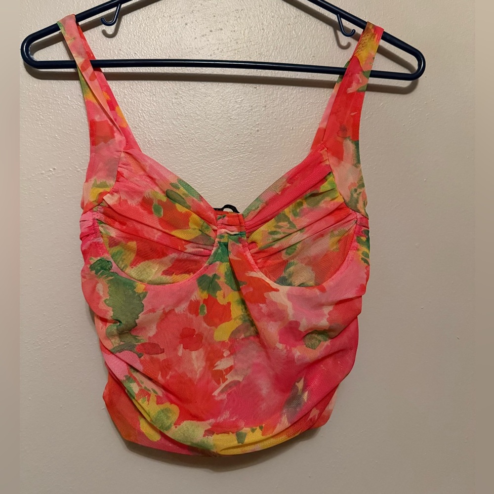 Zara Coral Pink Floral Ruched Bustier Crop top - Picture 4 of 4